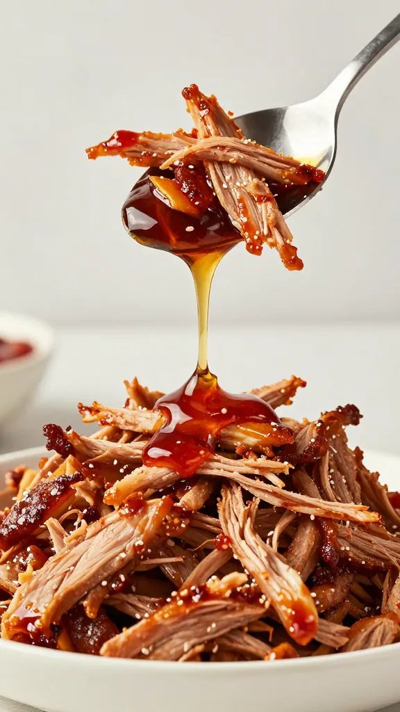 spoon dripping vinegar bbq over shredded pork
