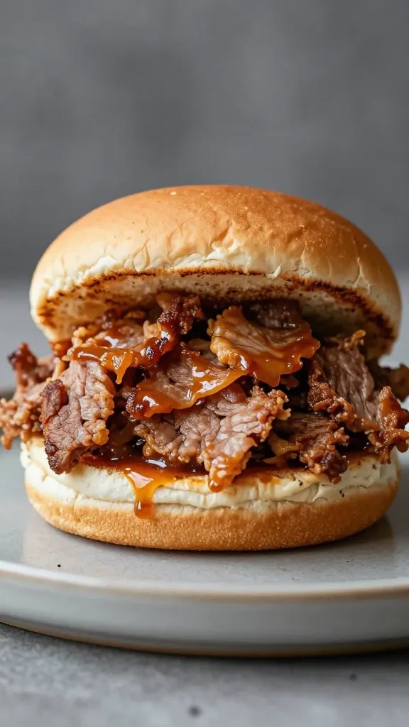 single slider bun piled with sauced pulled pork