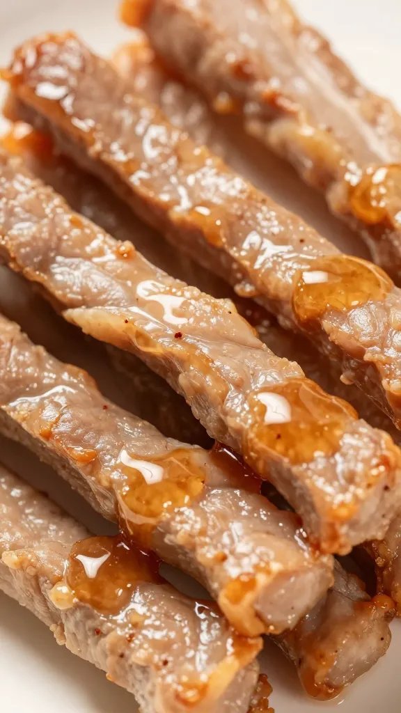 closeup of pork shoulder strands glistening with vinegar sauce