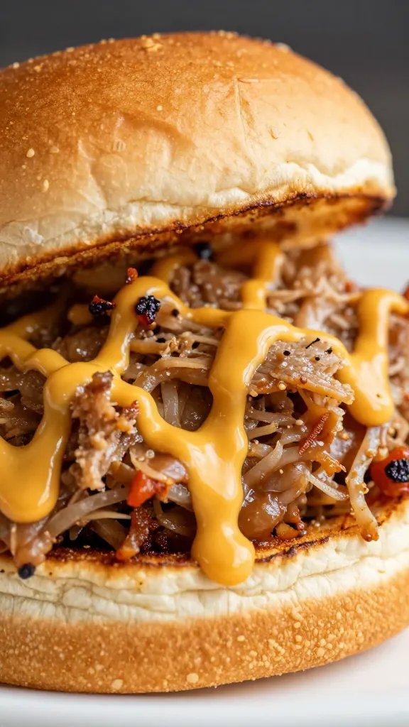 closeup of pulled pork slider drizzled with Carolina Gold