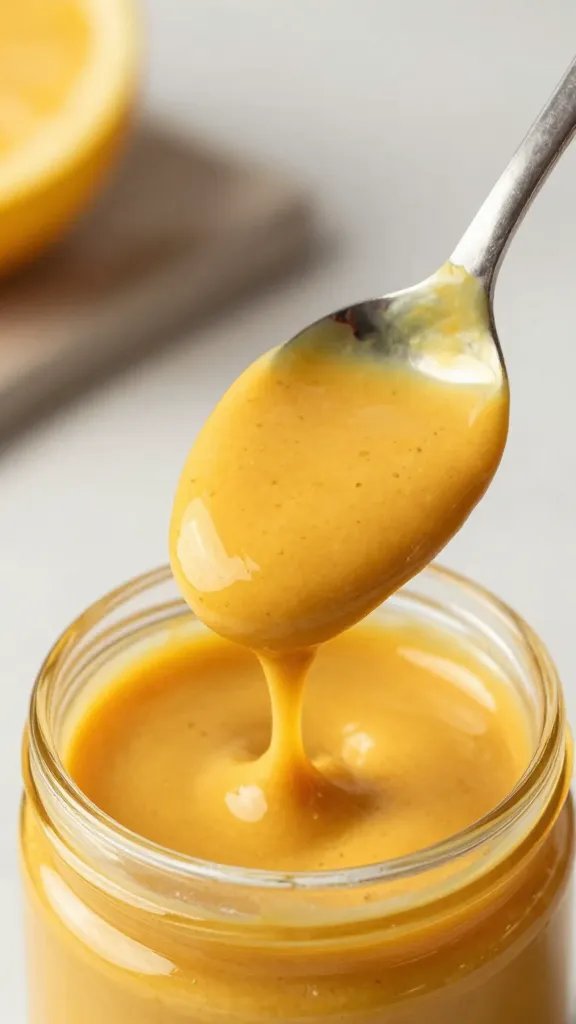spoon dipped in Carolina Gold mustard bbq sauce