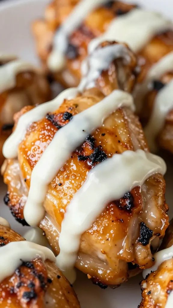 closeup of grilled chicken thigh glazed with Alabama white sauce
