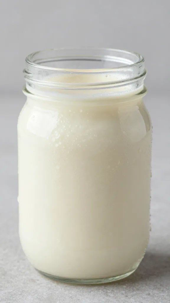 small mason jar of Alabama white sauce, condensation visible
