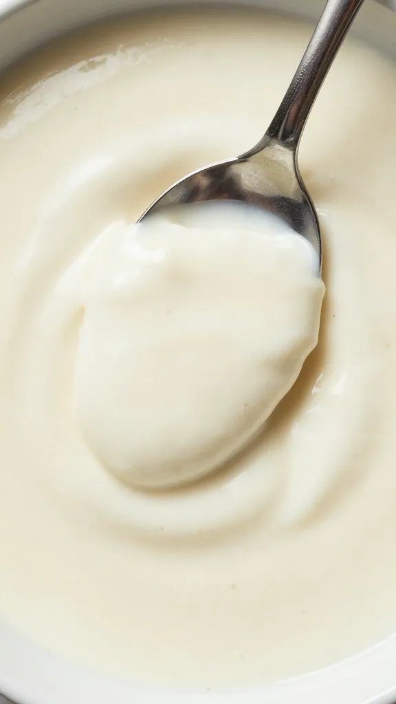 spoonful of pepper-flecked Alabama white sauce, overhead