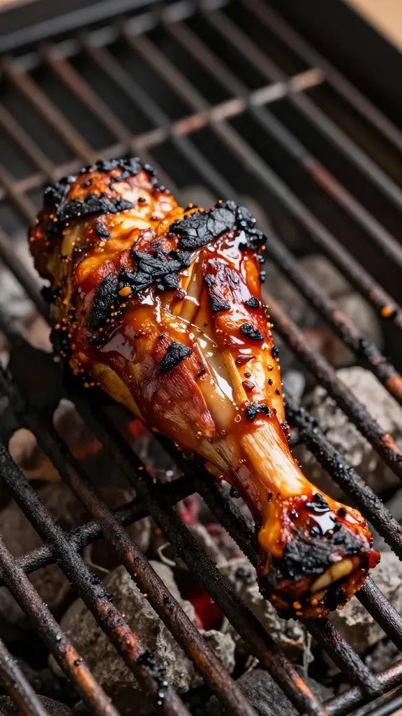 charred drumstick resting on grate, sauce glistening