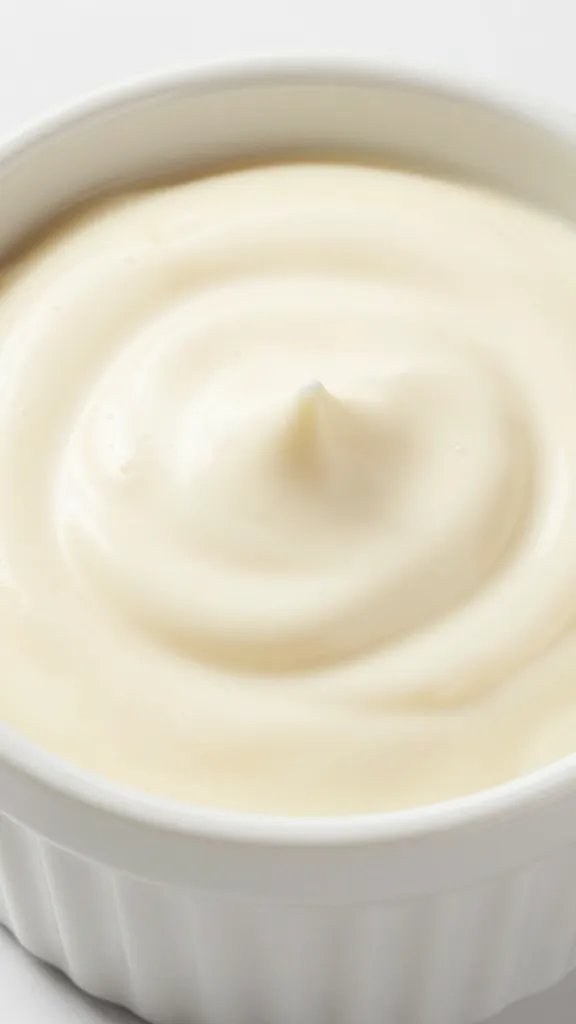 porcelain ramekin of tangy Alabama white sauce, closeup