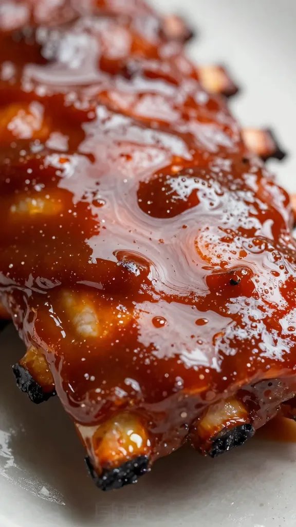 glossy brushed-on Kansas City BBQ sauce on rib closeup
