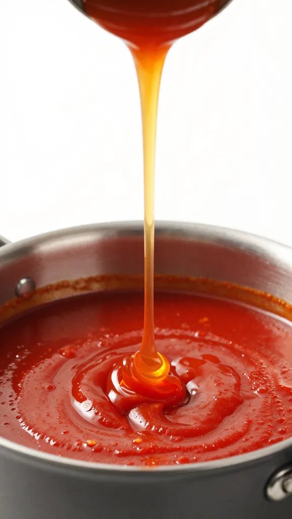 thick molasses drizzling into tomato sauce saucepan