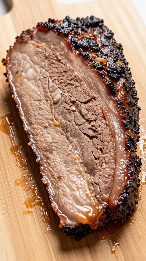 single sauced brisket slice glistening on cutting board
