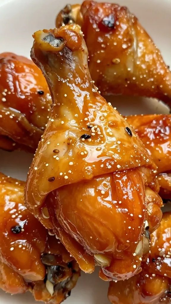 sauce-coated chicken drumstick closeup with sticky glaze