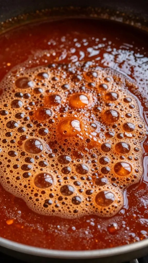 bubbling BBQ sauce surface during 8-minute simmer