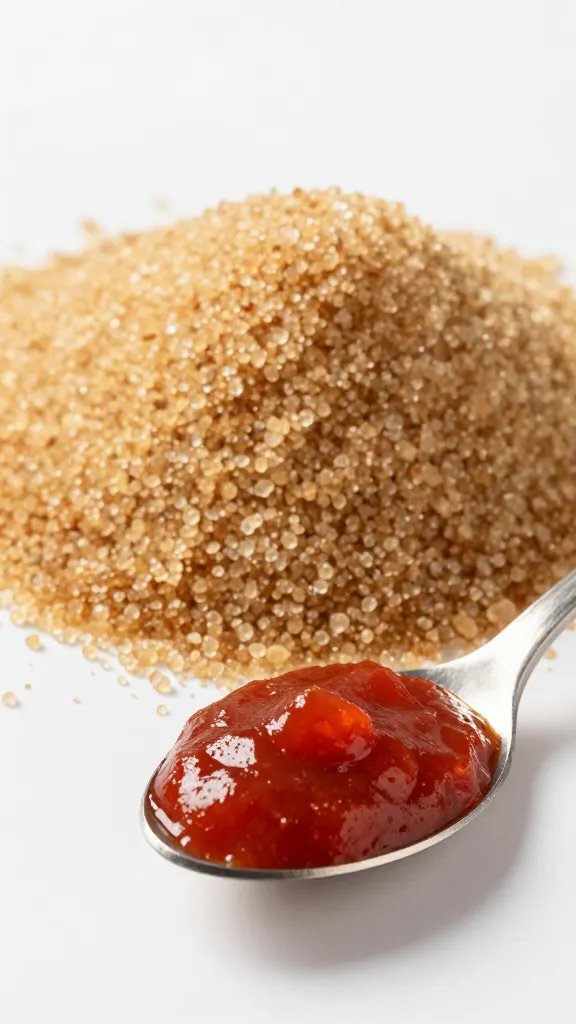 brown sugar mound beside spoonful of tomato paste