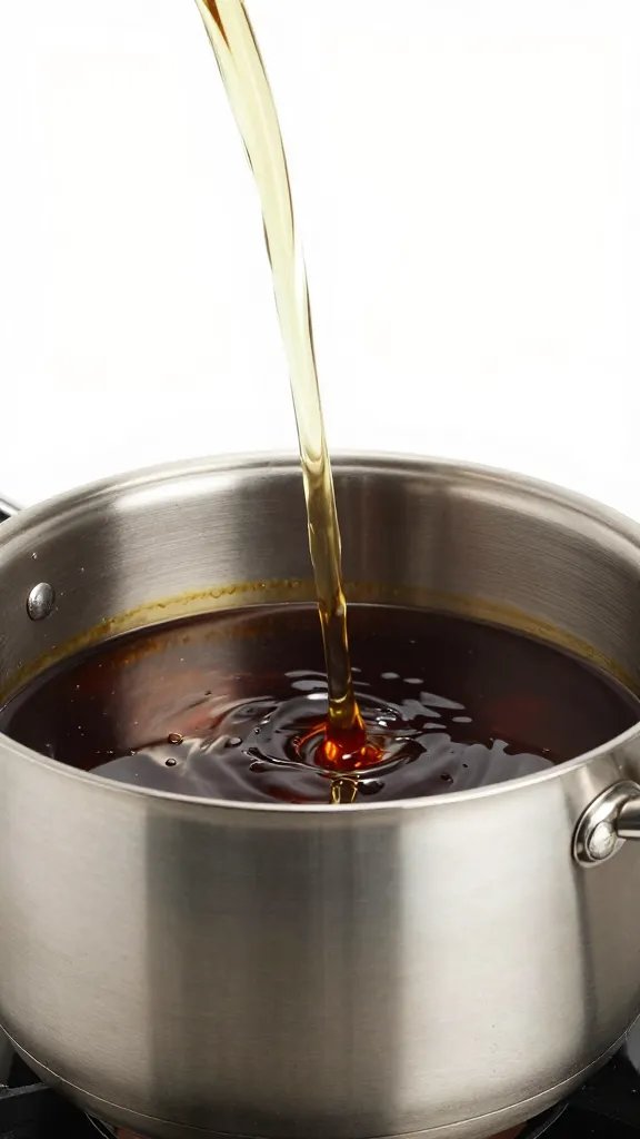 vinegar splash hitting dark sauce in stainless pot