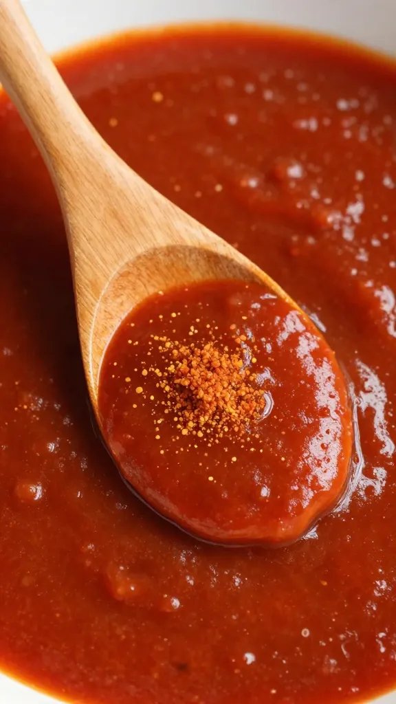 spice-dusted wooden spoon resting in thick red sauce