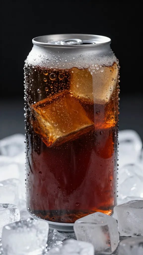 sweating 12-ounce cola can on ice, macro