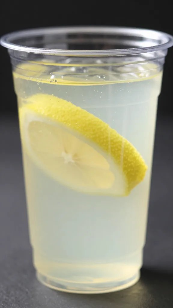 clear plastic party cup with lemon water, closeup