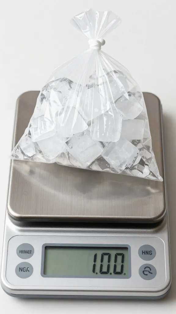 digital kitchen scale weighing bag of ice, closeup