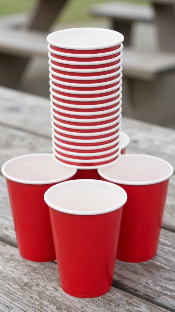 stack of red solo cups on picnic table, closeup
