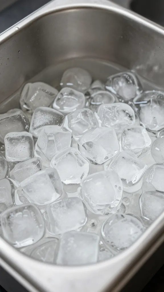 stainless beverage tub filled with crushed ice, detail