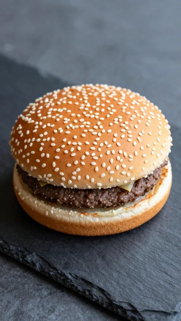 closeup of a single sesame burger bun on slate board