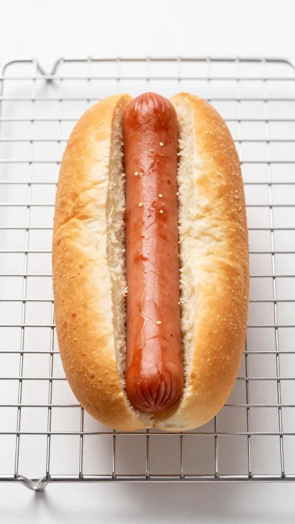 single hot dog bun on stainless cooling rack