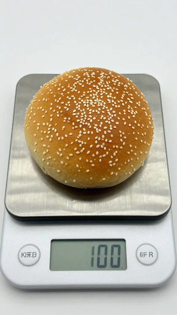 single sesame bun with digital kitchen scale readout