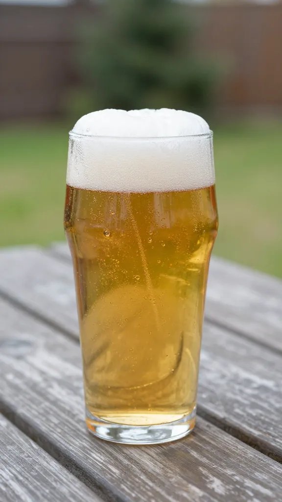 frosty pint of lager on backyard picnic table