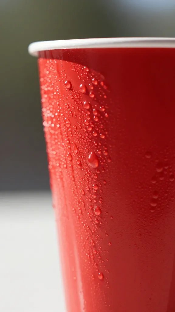 closeup red party cup with condensation, summer sunlight