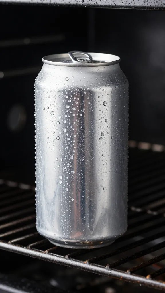 aluminum beer can with droplets, on grill side shelf