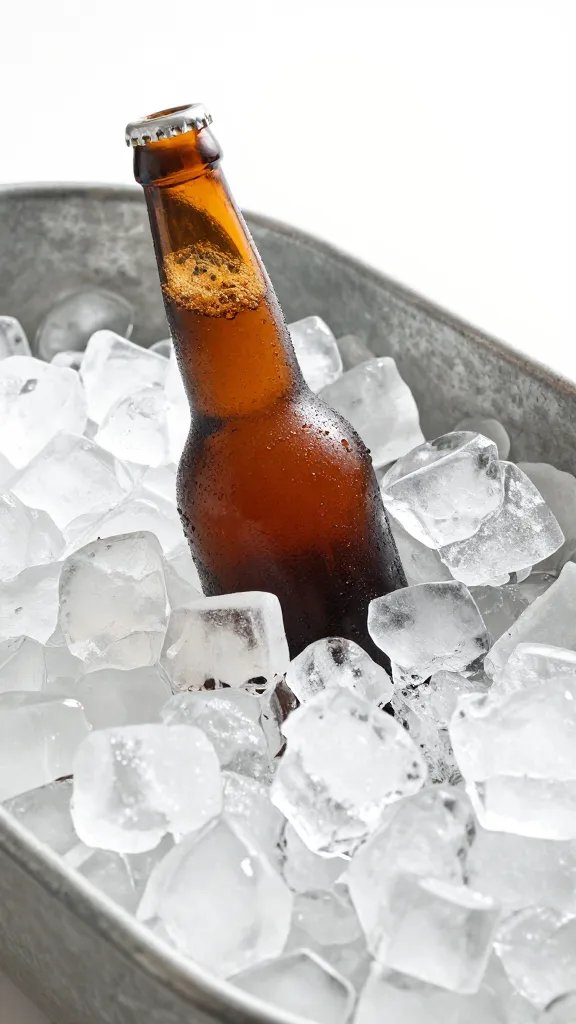 single amber beer bottle on ice, galvanized tub
