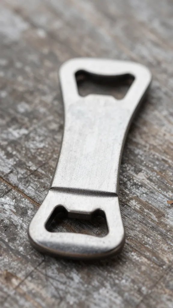 handheld bottle opener on weathered wood, shallow focus