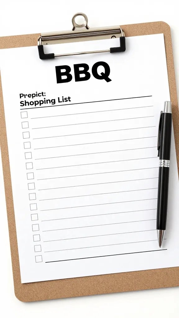 printed BBQ shopping list on clipboard, pen beside