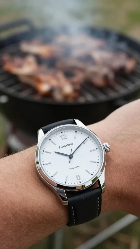 wristwatch showing two o’clock, blurred BBQ background