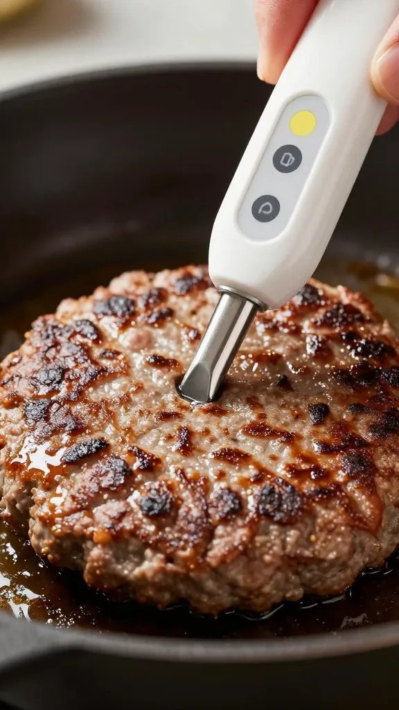 instant‑read thermometer tip in a sizzling burger patty