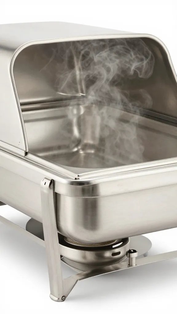stainless chafing dish with visible steam at 140°F