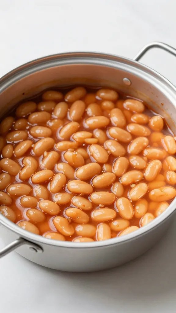 single aluminum hotel pan of baked beans on warmer
