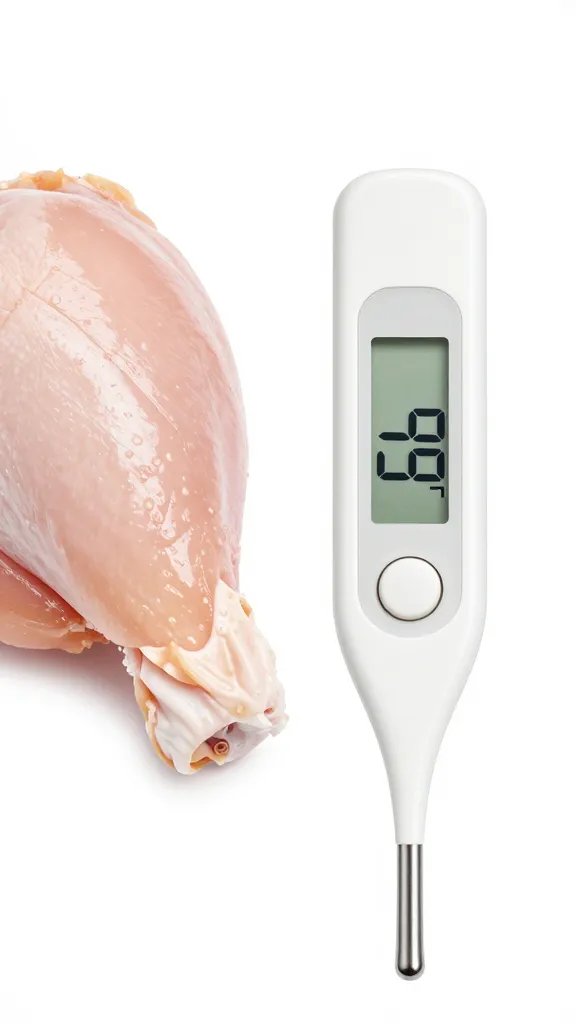 probe thermometer display reading 165°F beside chicken thigh