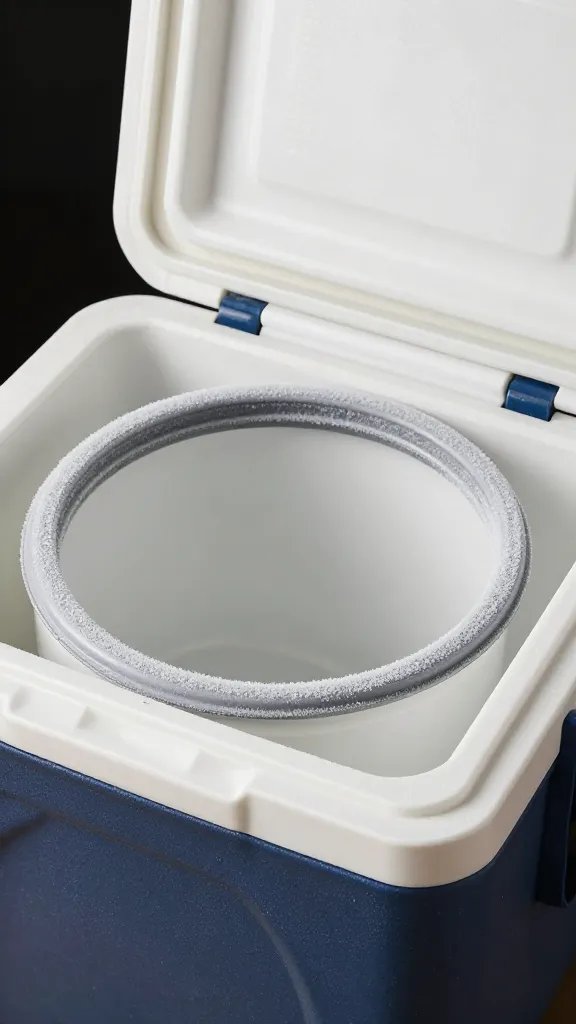 insulated cooler lid ajar, showing frost on rim