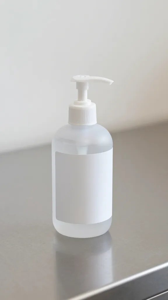 labeled squeeze bottle of sanitizer on stainless prep table