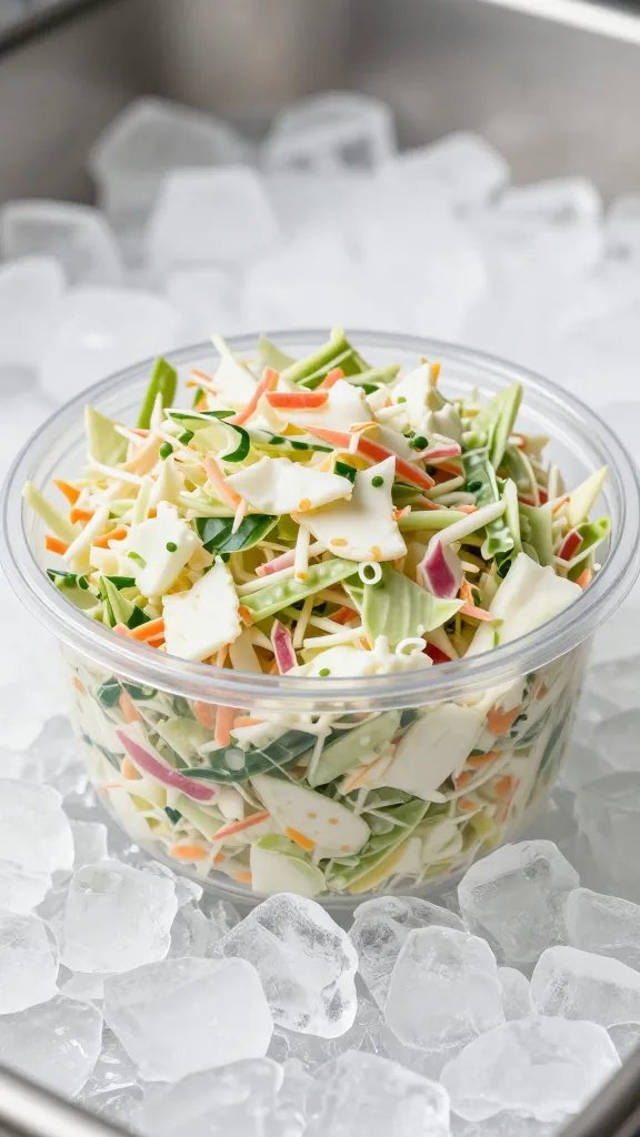 deli container of coleslaw on ice bed, closeup