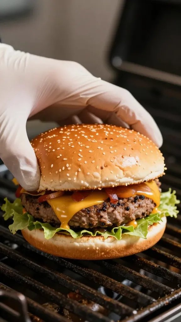 gloved hand holding burger over grill grates, closeup
