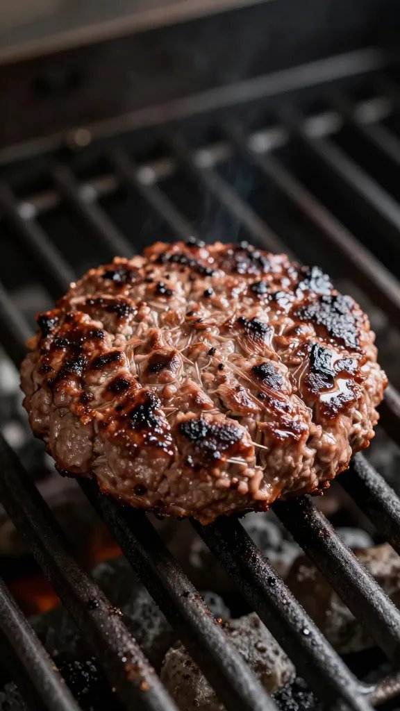 Closeup 1/4-pound beef patty on grill grates