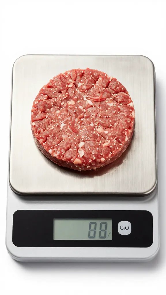 Digital kitchen scale weighing 6-ounce raw patty