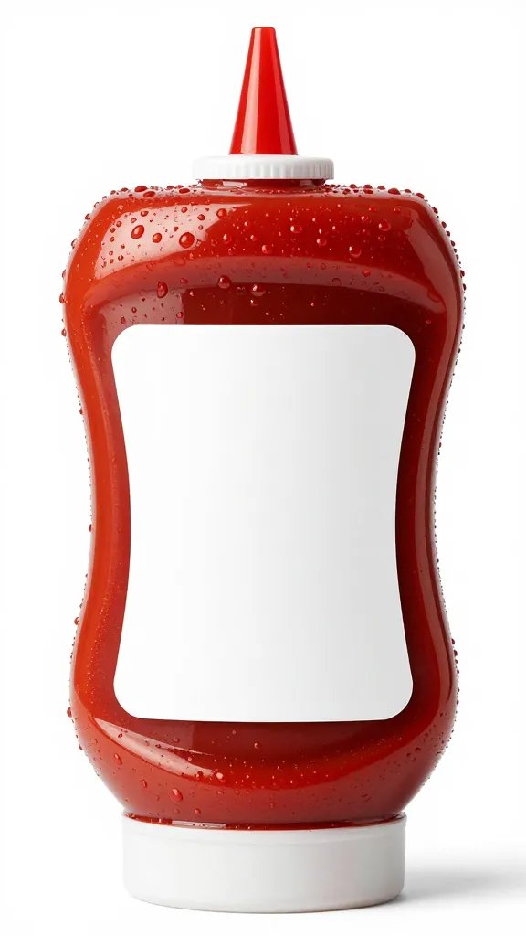 Condensation-beaded ketchup squeeze bottle, label facing