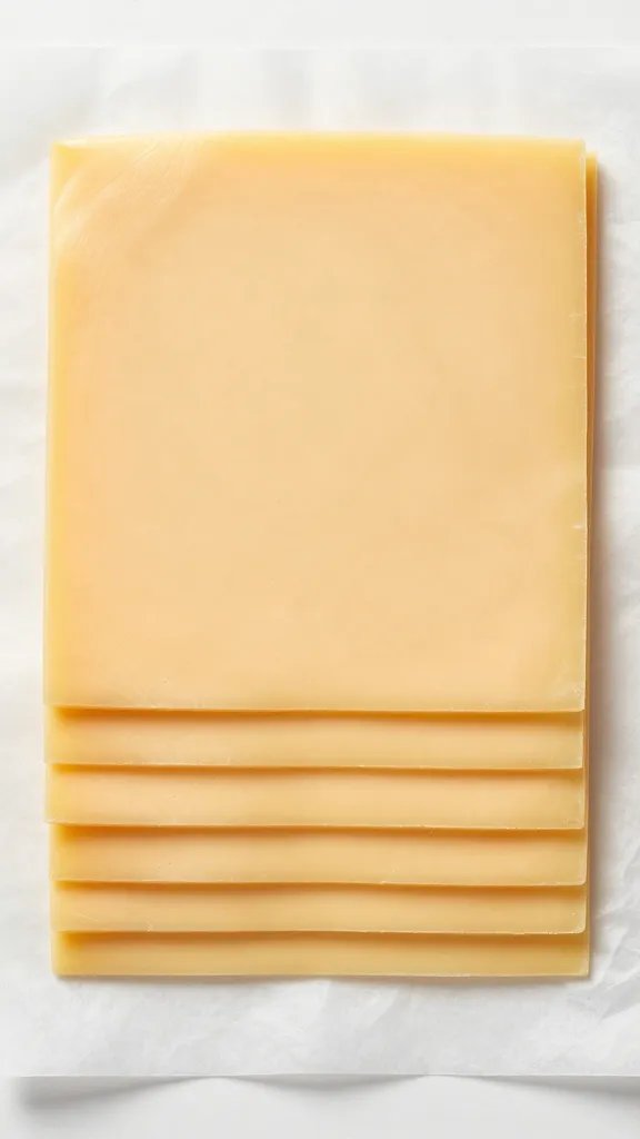 Neatly stacked American cheese slice on wax paper