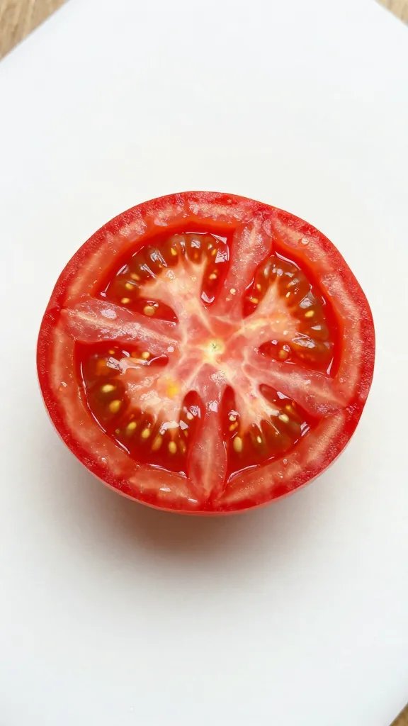 Single sliced beefsteak tomato on white cutting board