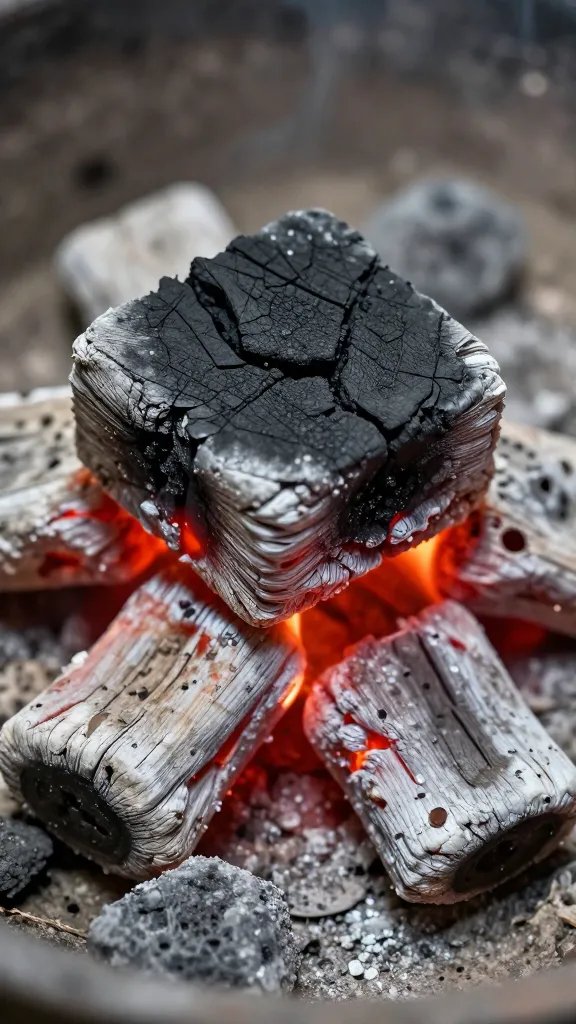 Single charcoal chimney filled with lit coals, closeup