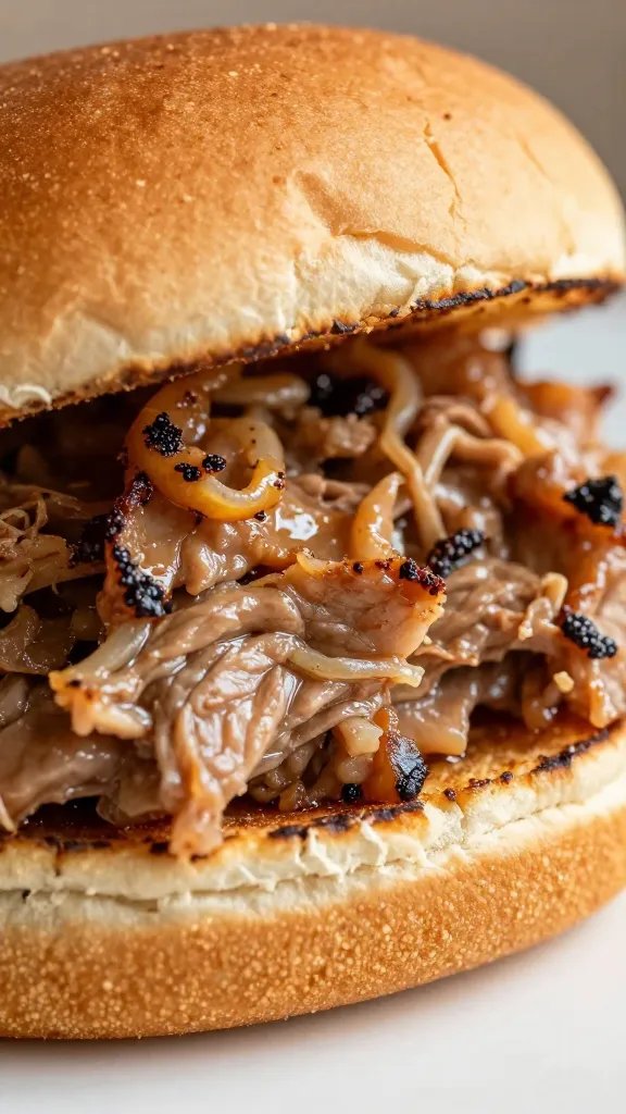 closeup of pulled pork sandwich on toasted brioche bun