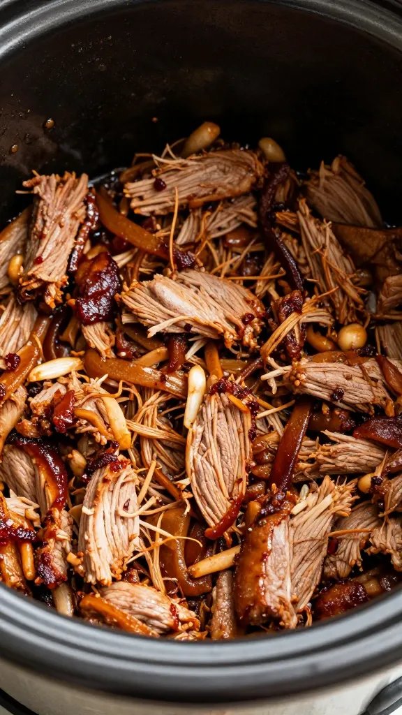 closeup of slow cooker filled with shredded BBQ pork
