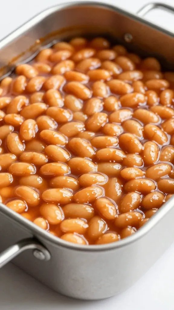 single pan of baked beans with caramelized top